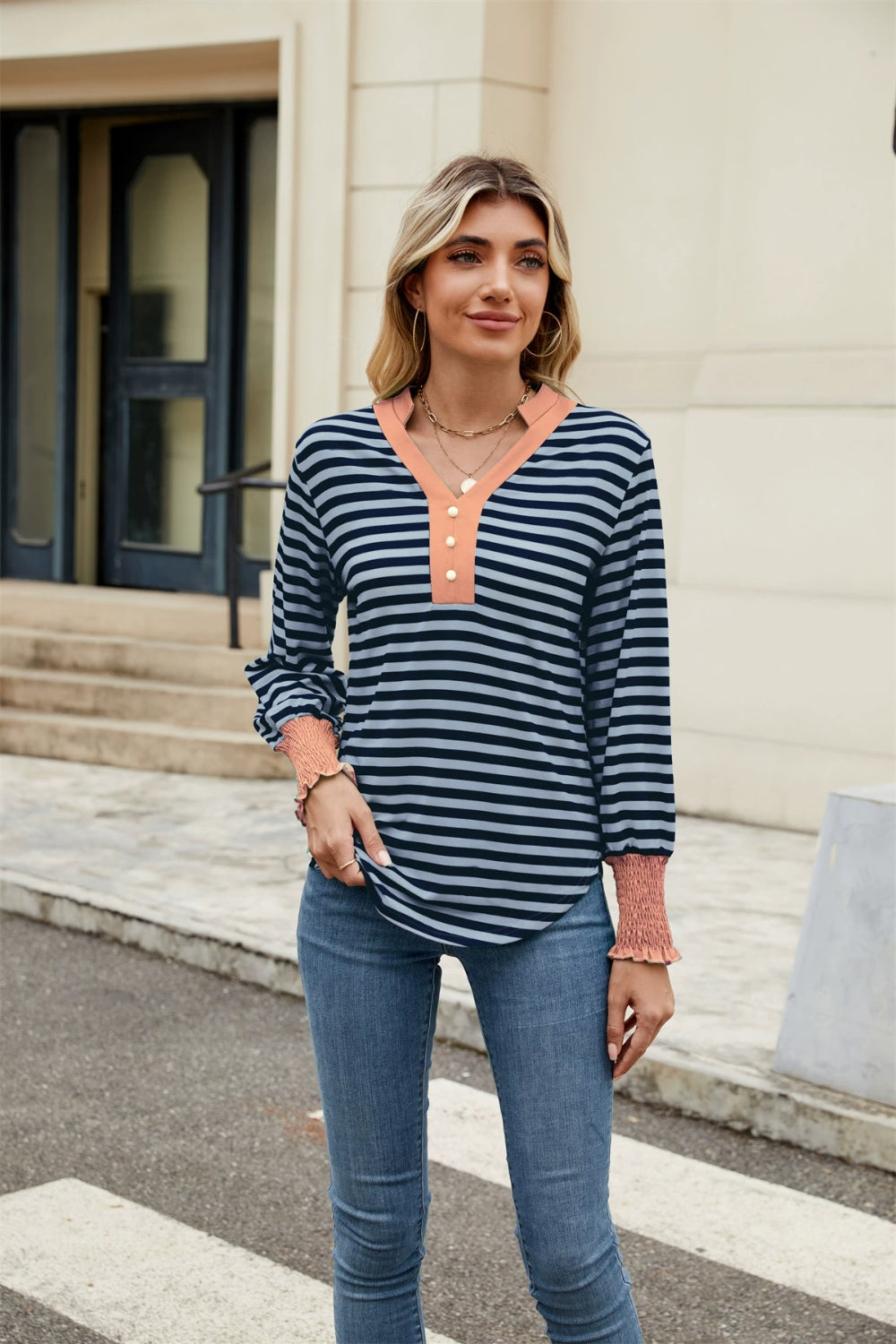 Contrast Striped Notched Long Sleeve Top