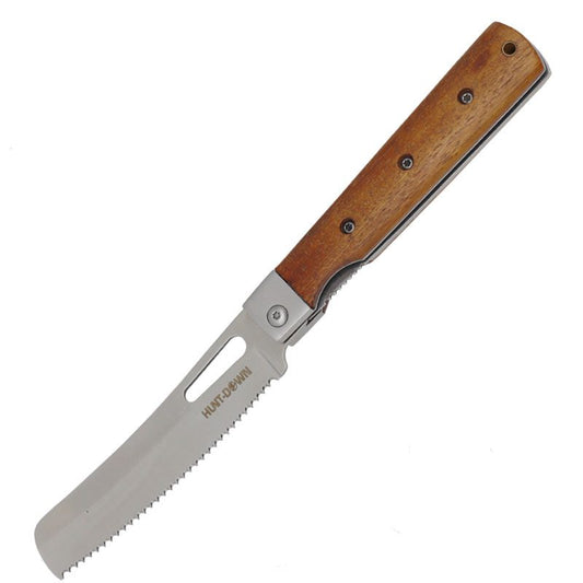 Hunt-Down | 9″ Serrated Blade Liner Lock Stainless Wood Handle Steel Bolster Folding Knife [14394]_0