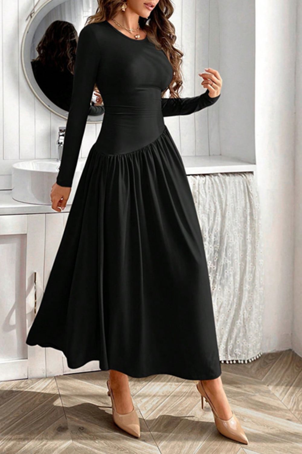 Ruched Round Neck Long Sleeve Dress