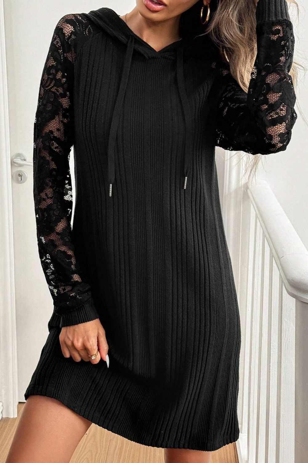 Lace Patchwork Long Sleeve Hooded Dress