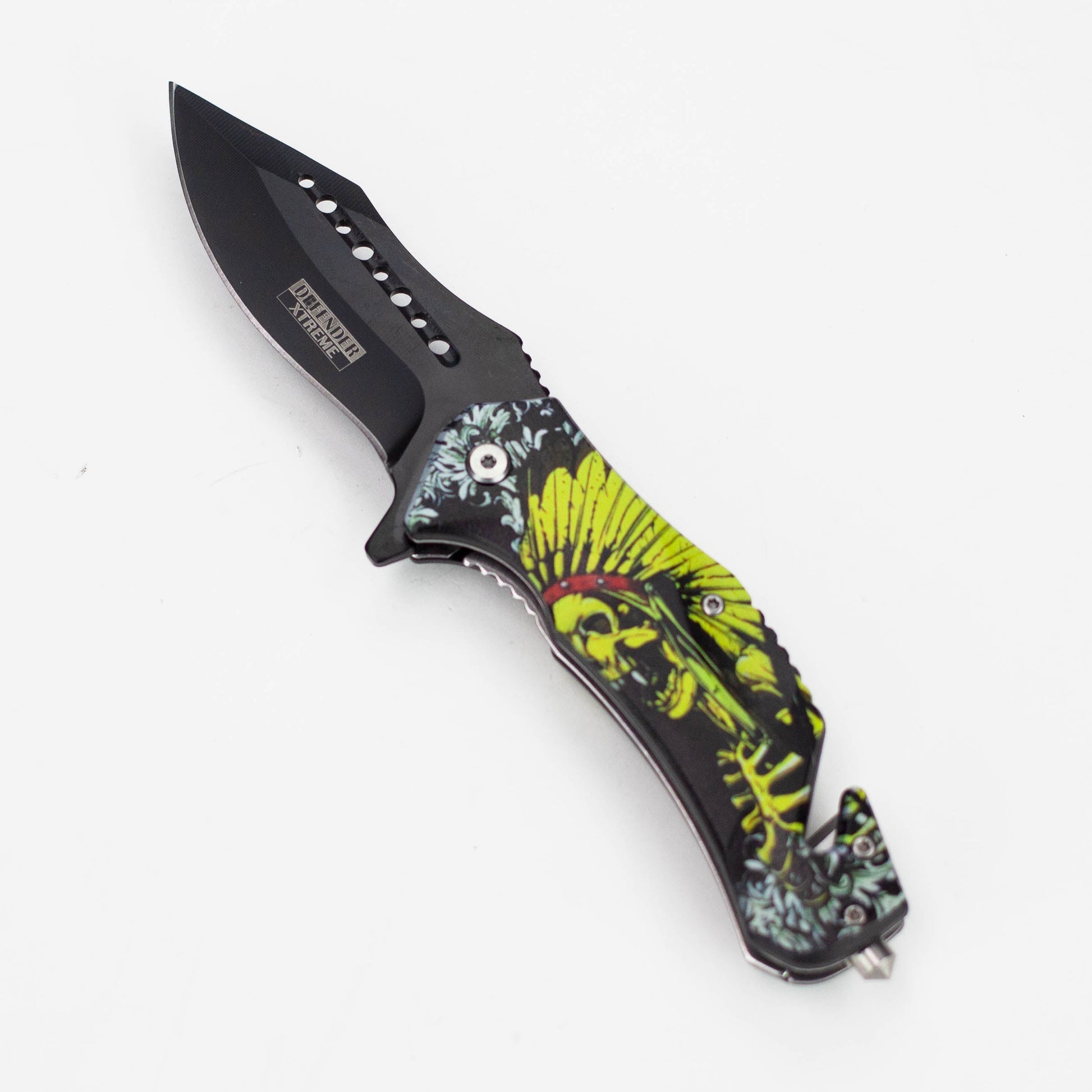 Defender-Xtreme 8.5″ Glass Breaker Skull Indian Folding Knife [13432]_0