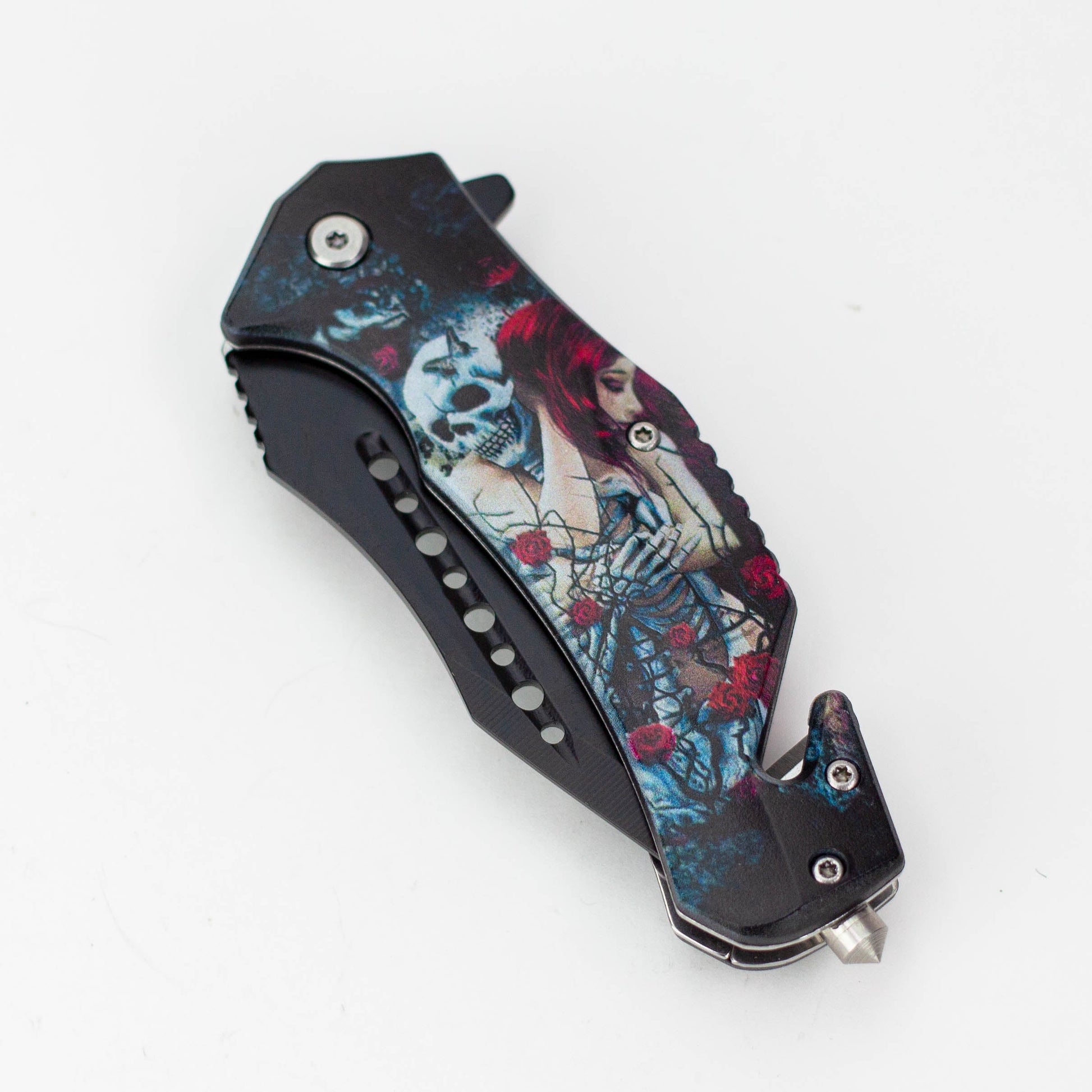 Defender-Xtreme 8.5″ Glass Breaker Lady & Skull Folding Knife [13431]_1