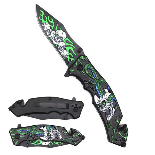 8" Spring Assisted Pocket Knife Green Snake, Skull Handle_0