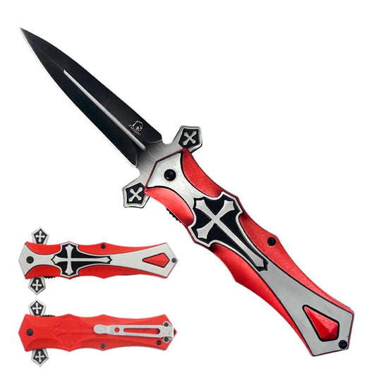 9" Spring Assisted Knife with cross Black Silver Red_0