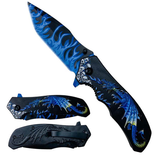 Falcon 8.25" Spring Assisted Knife Blue Dragon Blue Flames_0