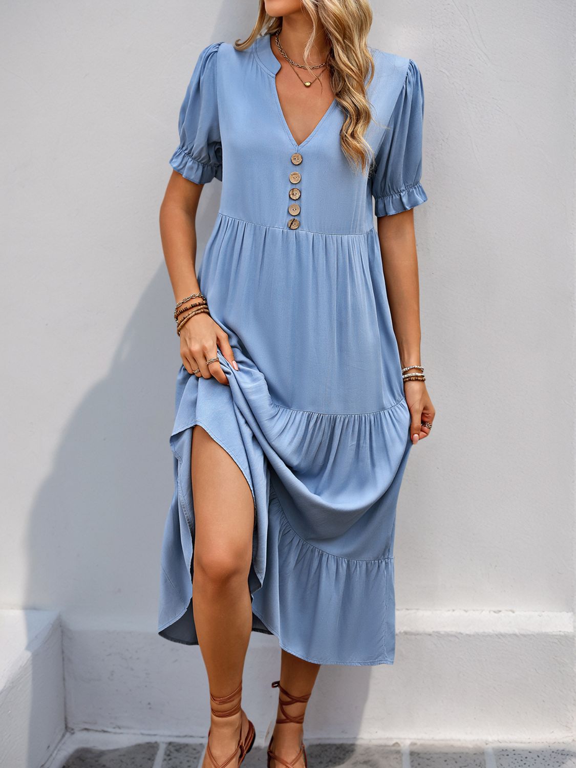 Perfee Decorative Button Notched Short Sleeve Midi Dress