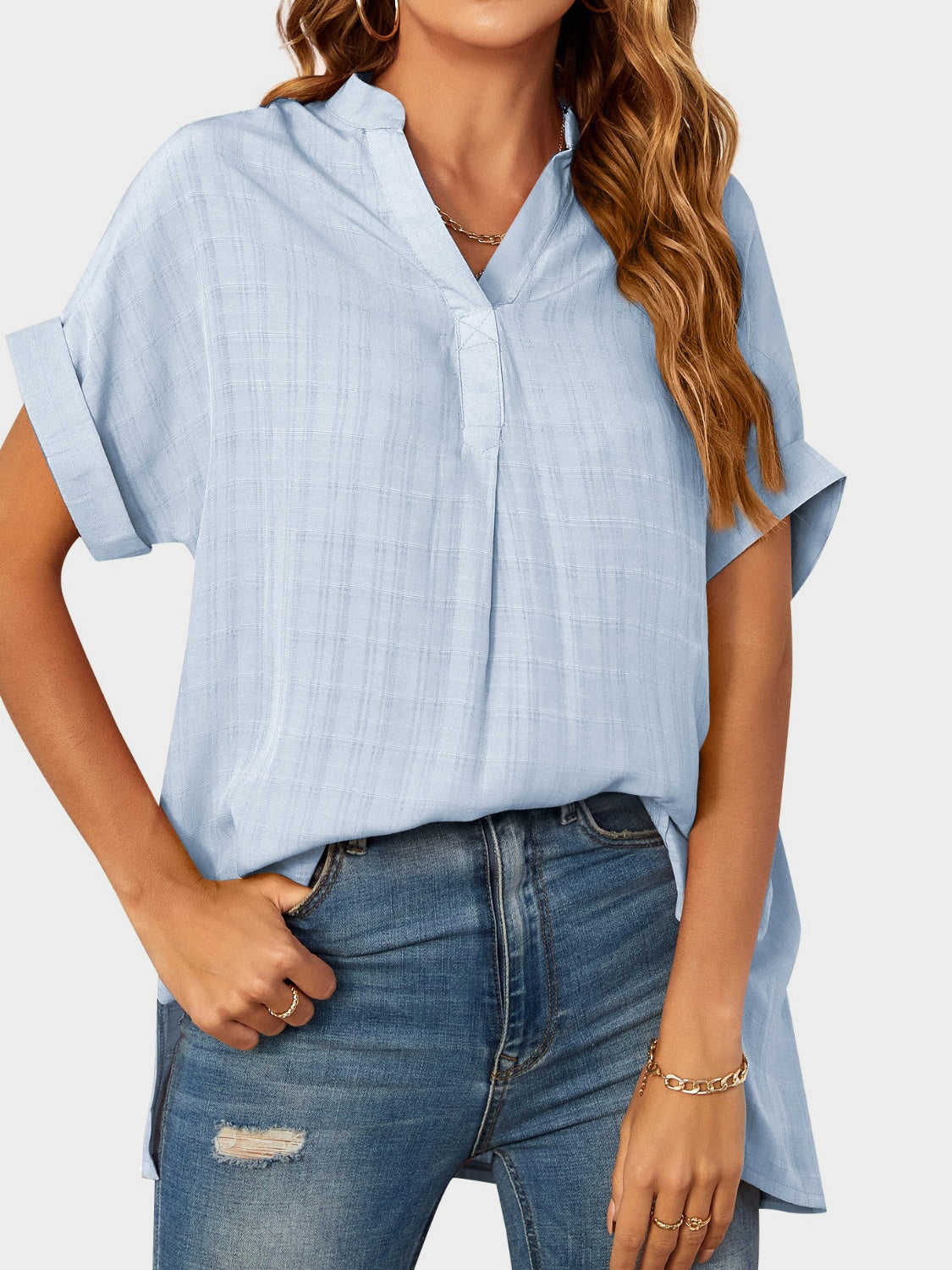 Mandy Side Slit Notched Short Sleeve Blouse