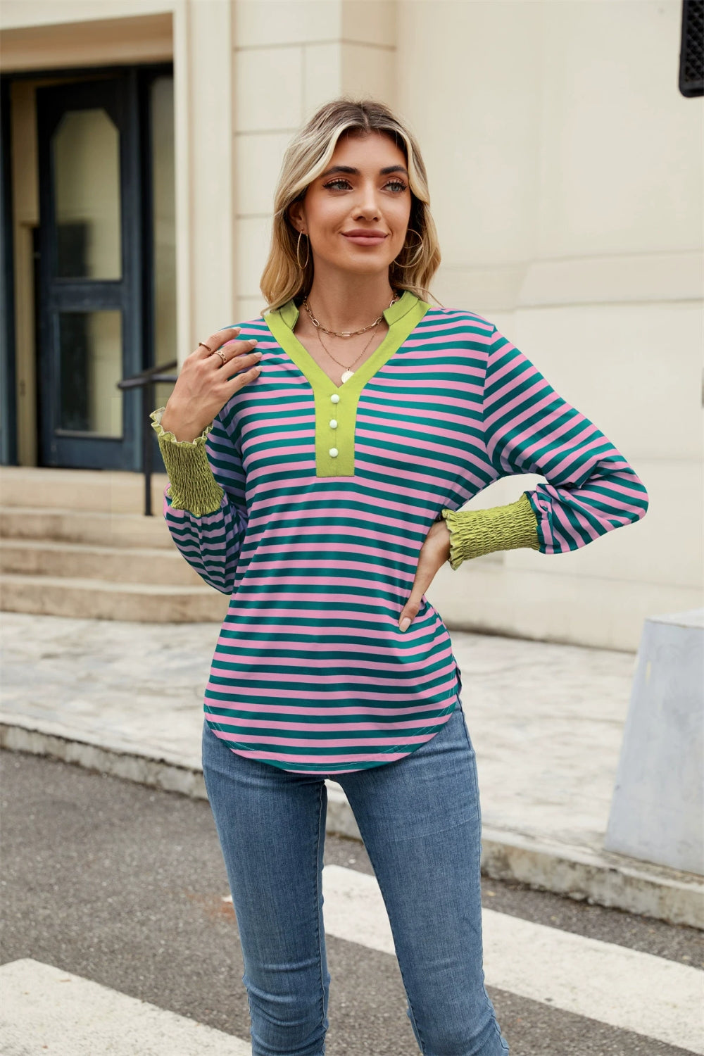 Contrast Striped Notched Long Sleeve Top