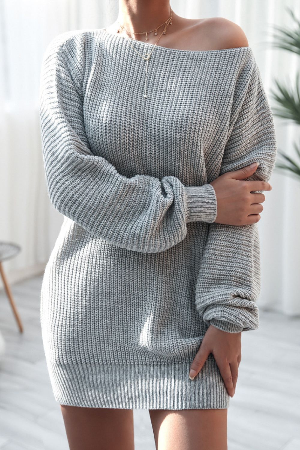 Boat Neck Long Sleeve Mini Sweater Dress