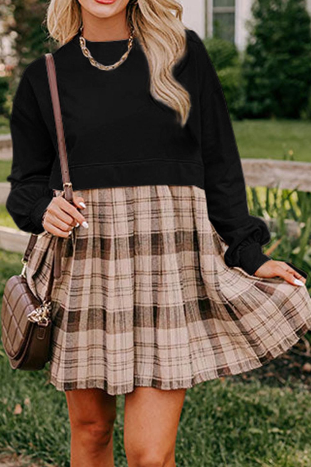 Plaid Round Neck Long Sleeve Mini Dress