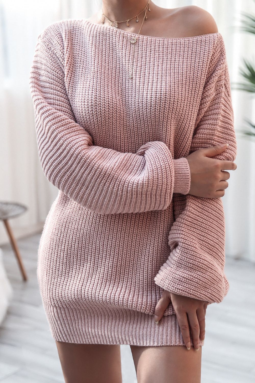 Boat Neck Long Sleeve Mini Sweater Dress