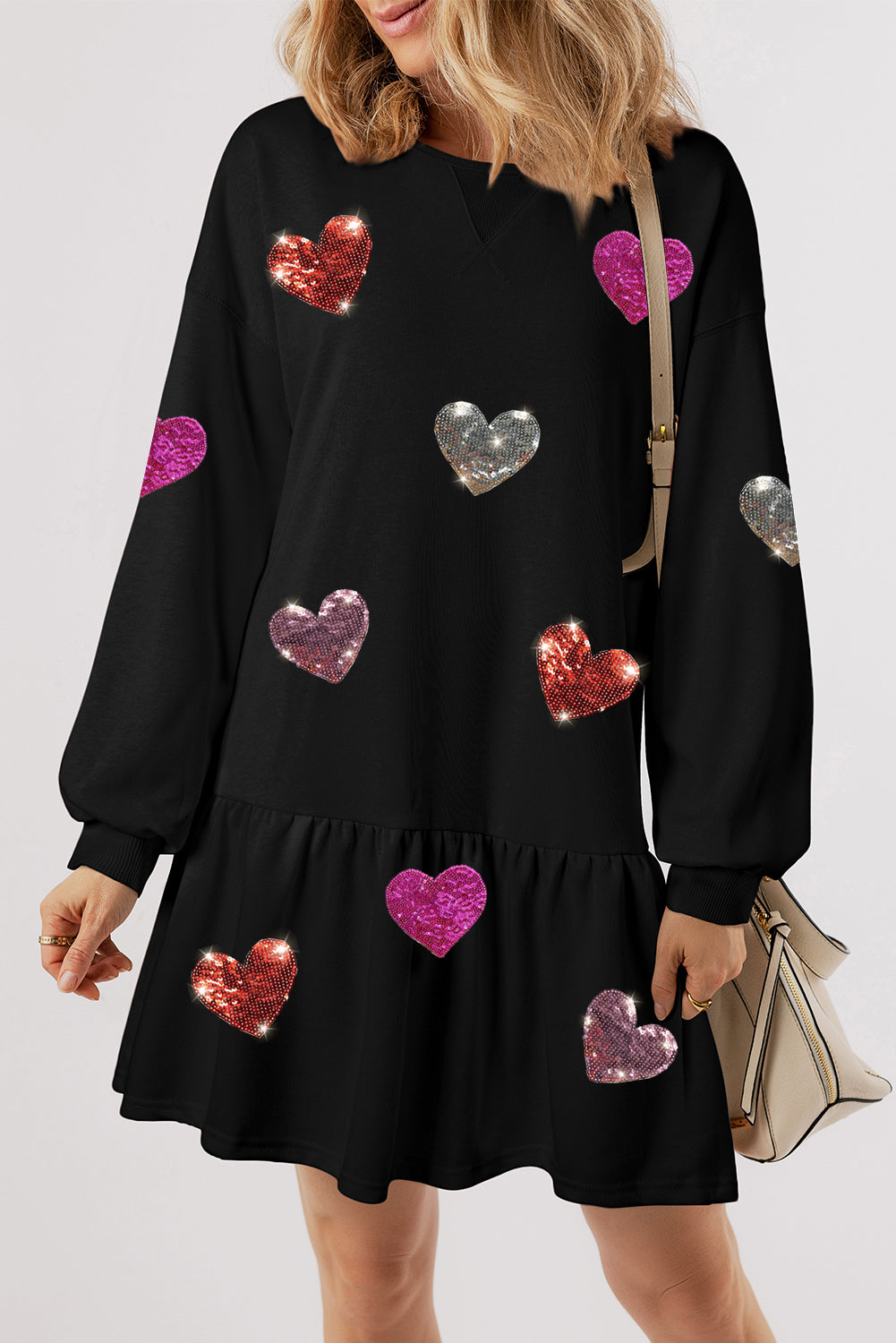 Sequin Heart Round Neck Long Sleeve Mini Dress