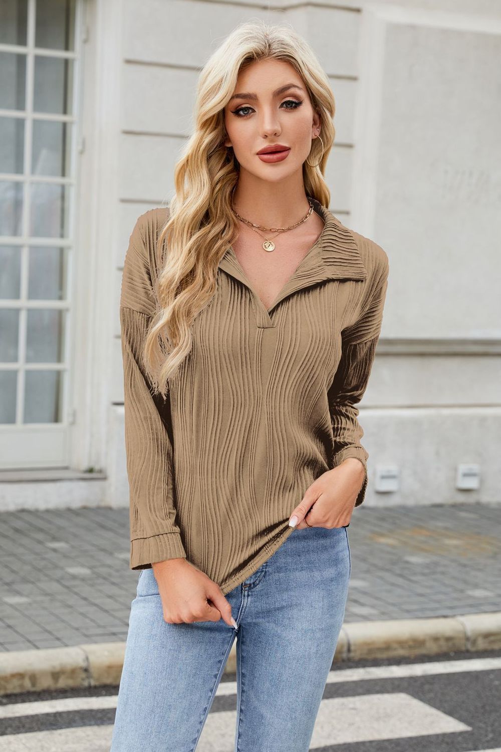 Texture Collared Neck Long Sleeve Blouse