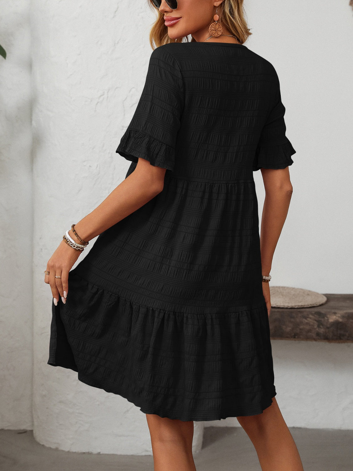 Mandy Ruffled Ruched Round Neck Half Sleeve Dress