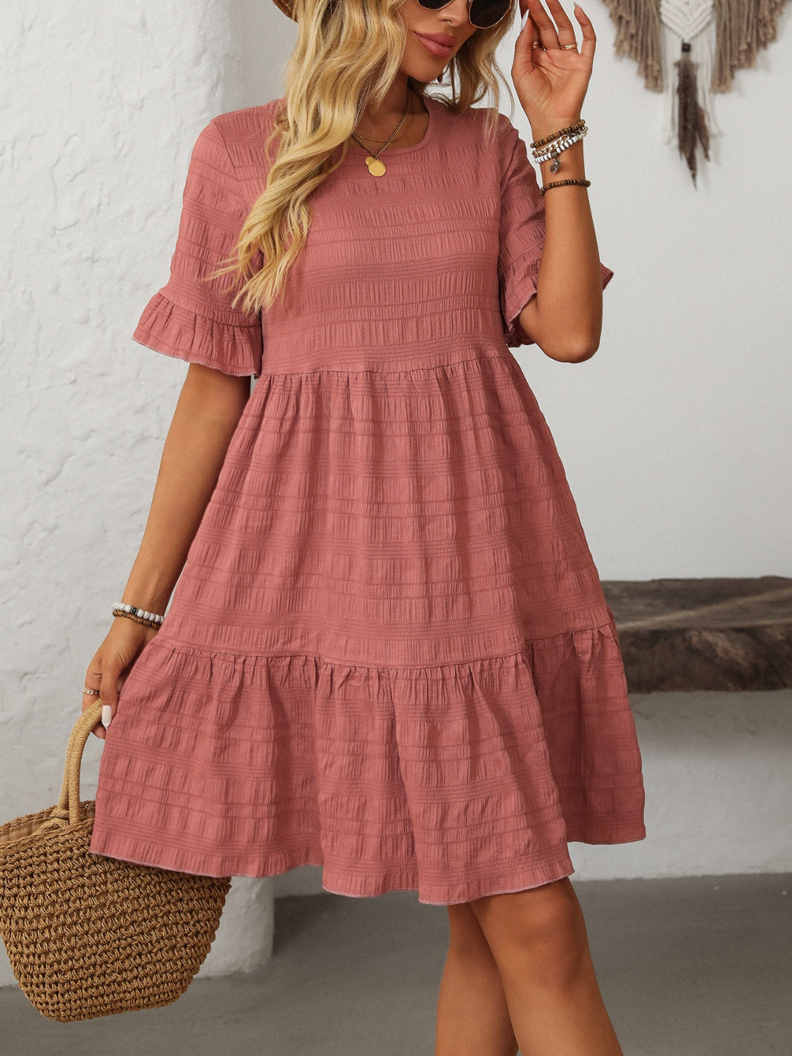 Mandy Ruffled Ruched Round Neck Half Sleeve Dress