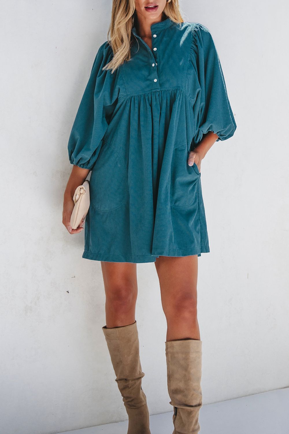 Corduroy Quarter Snap Three-Quarter Sleeve Dress