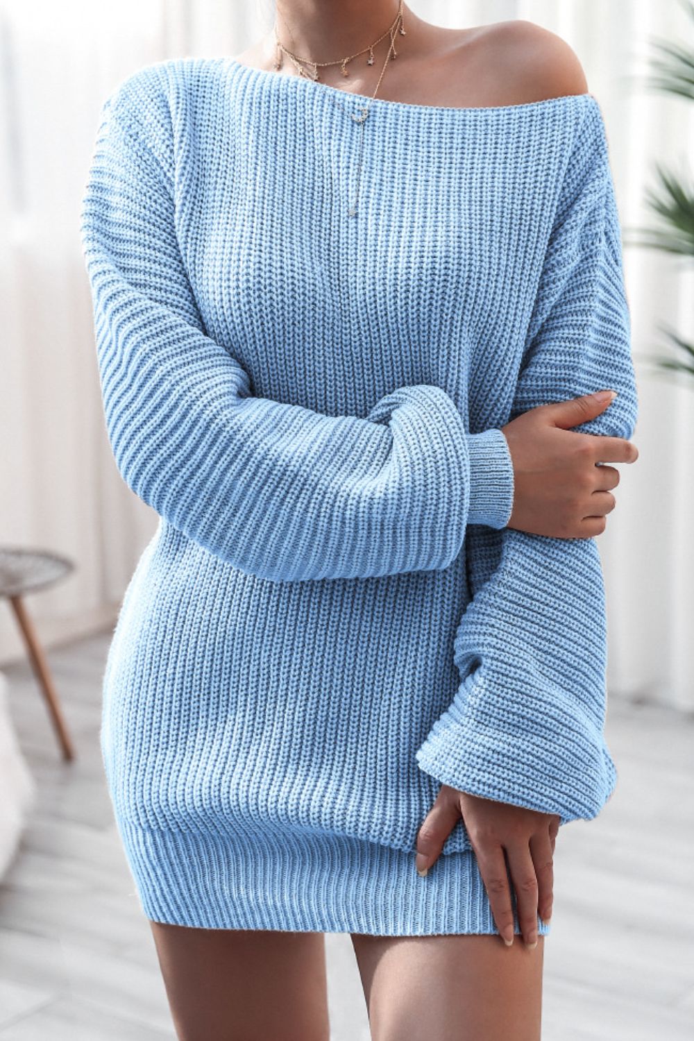 Boat Neck Long Sleeve Mini Sweater Dress