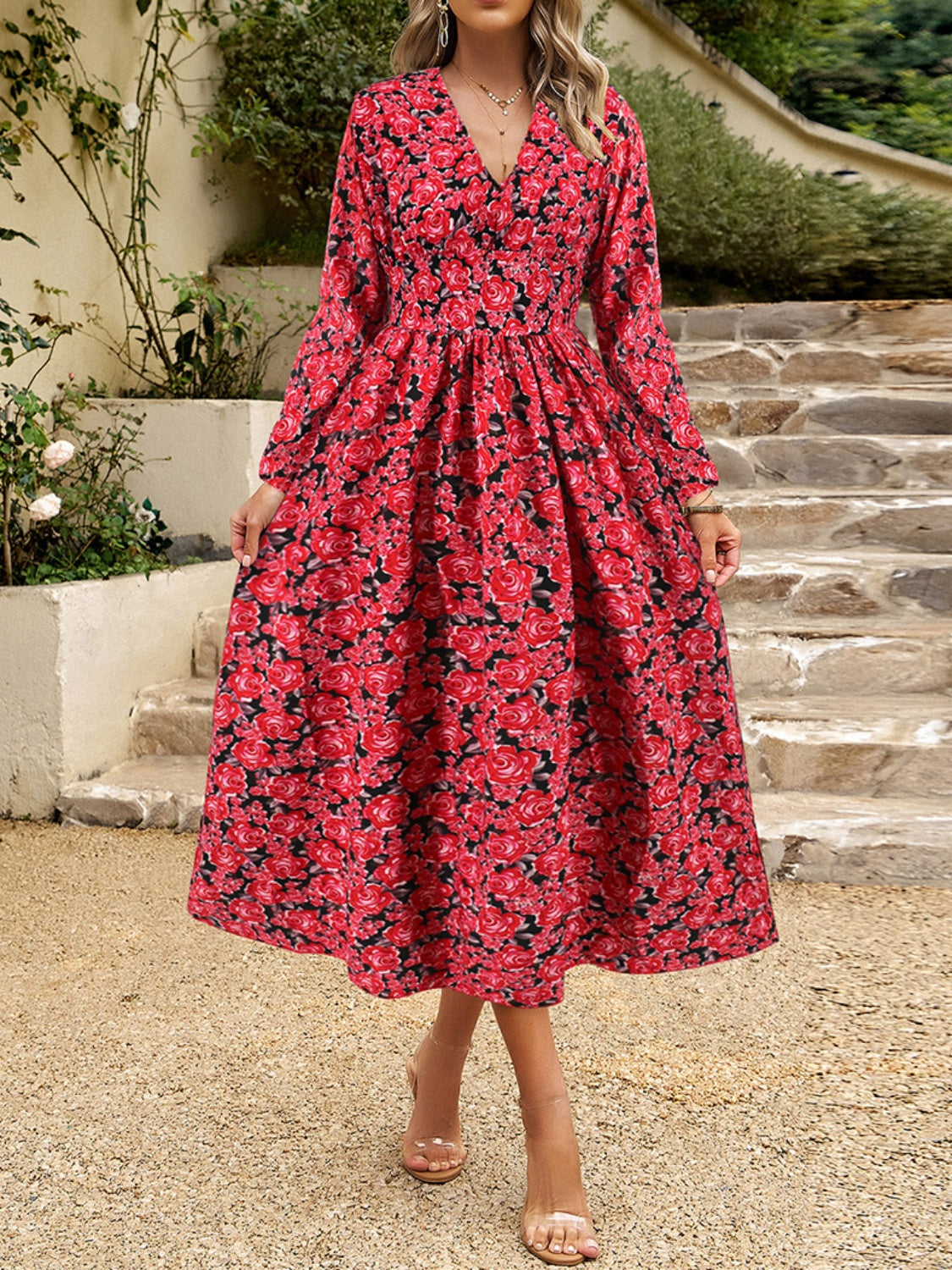 Floral V-Neck Long Sleeve Midi Dress