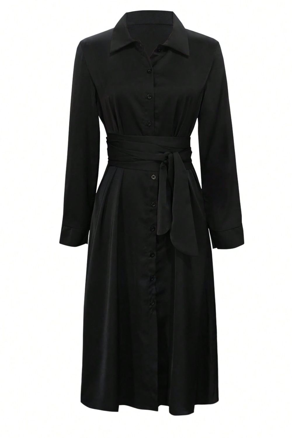 Collared Neck Long Sleeve Midi Shirt Dress