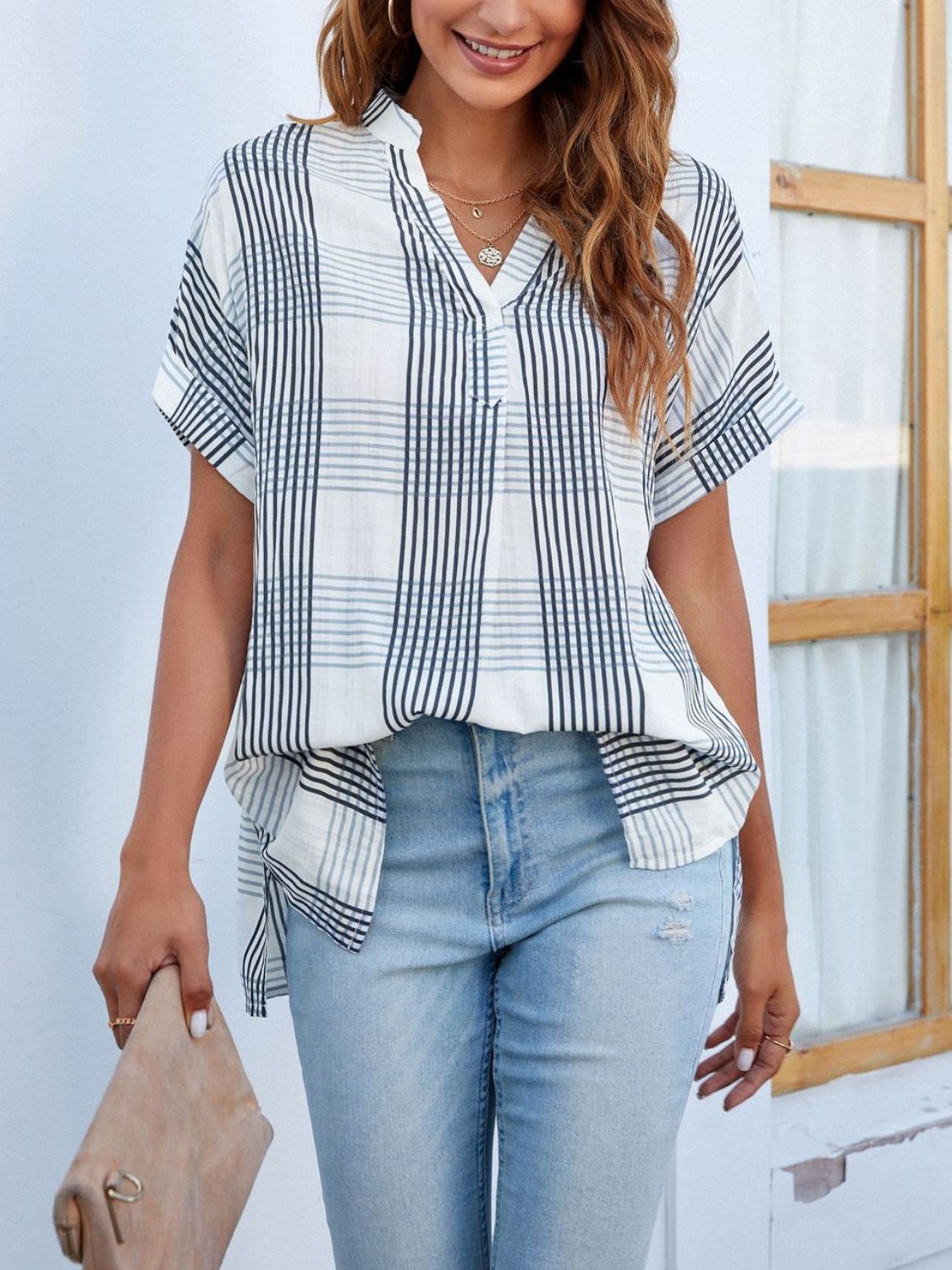 Mandy Side Slit Notched Short Sleeve Blouse