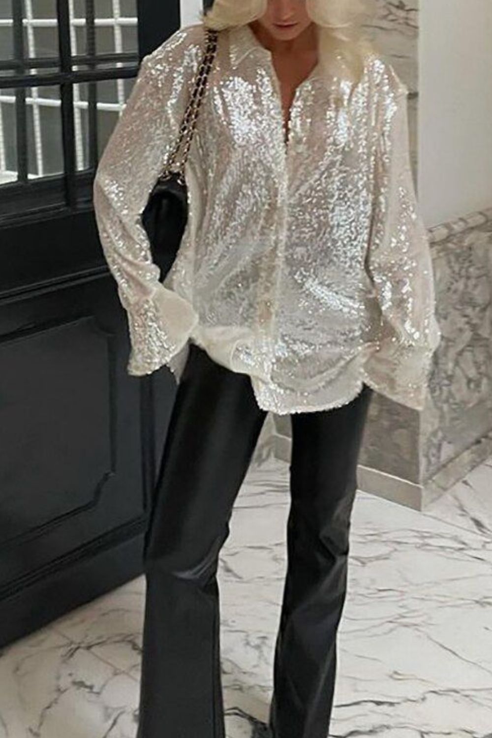 Sequin Button Up Long Sleeve Shirt