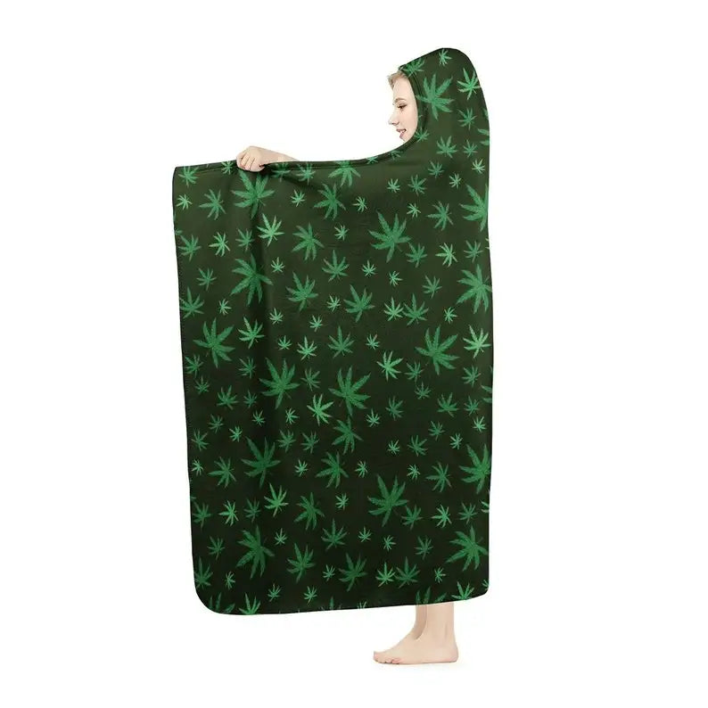 Kush Weed Hooded Blanket - Cannabis Leaf Blanket, Stoner Gift, Sherpa 420 Festival Blanket, Warm Cozy Hemp Blanket, Marijuana Ma