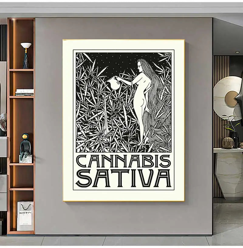 Black White Cannabis Posters and Prints Indica and Sativa Art Nouveau Canvas Painting Wall Pictures for Living Room Home Decor