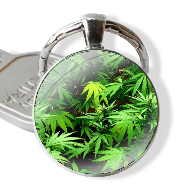 Keychain Handmade Glass Cabochon Key Ring Holder Pendant Key Chains Cannabis Weed Leaves