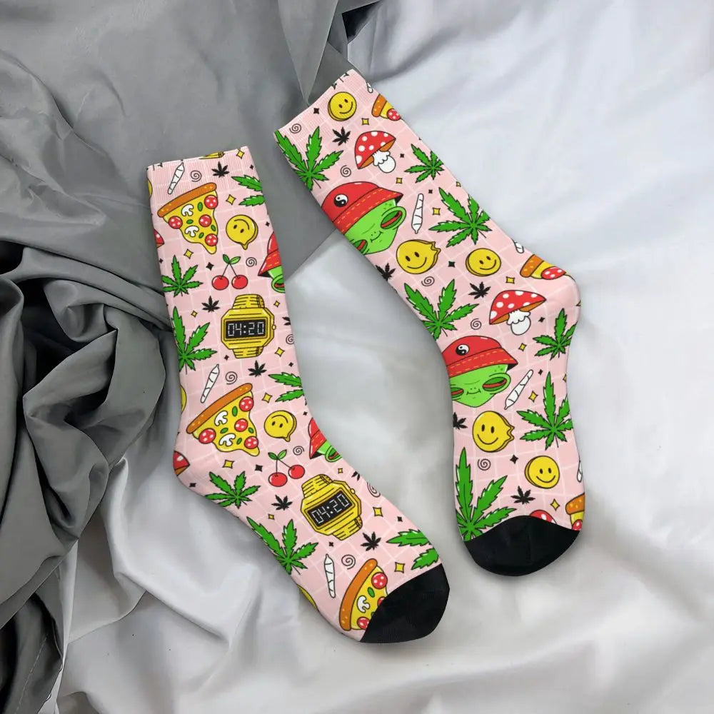 Hippie Alien Weed Marijuana Socks Cute Funny Happy Cannabis Leaves Aesthetic Socks Novelty Accessories Crew Socks