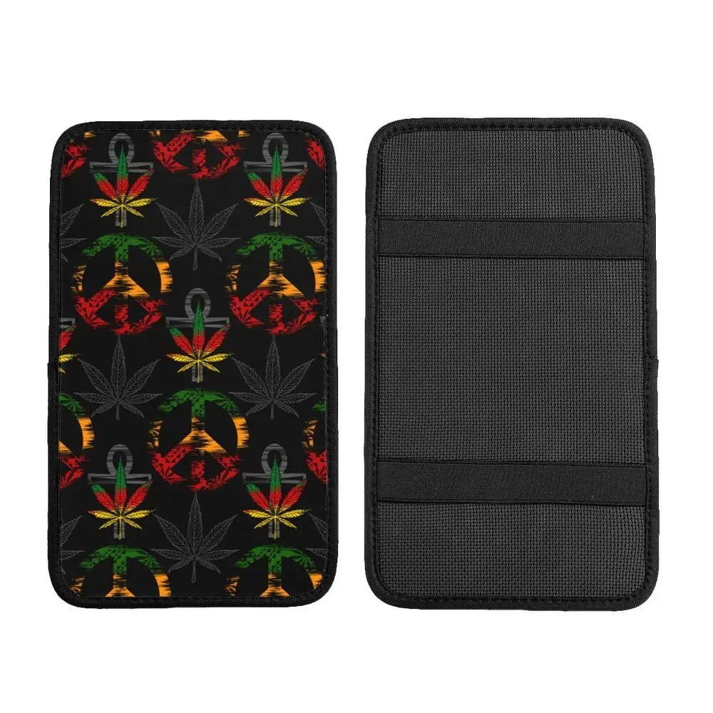 Center Console Cover Pad Car Interior Cushion Marijuana Cannabis Rastafarian Car Armrest Cover Mat Weed Leaf Storage Box Pad