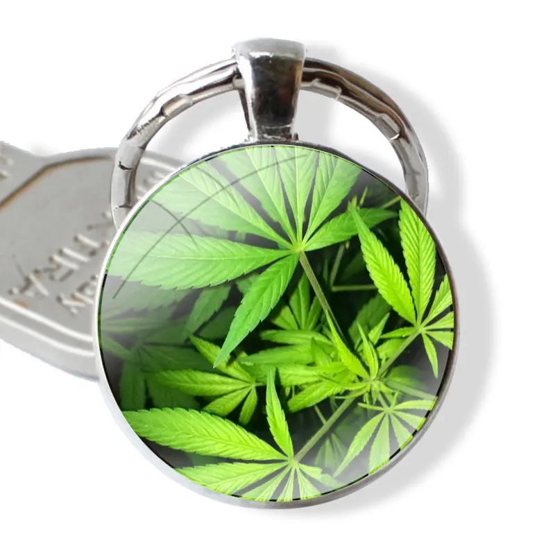 Keychain Handmade Glass Cabochon Key Ring Holder Pendant Key Chains Cannabis Weed Leaves