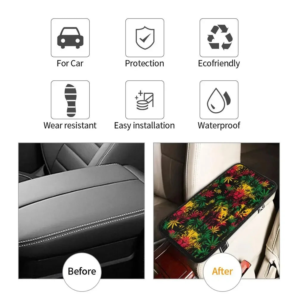 Car Arm Rest Cover Mat Lion Head Cannabis Leaves Rastaman Style Center Console Cover Pad Weed Leaf Auto Styling Accessories