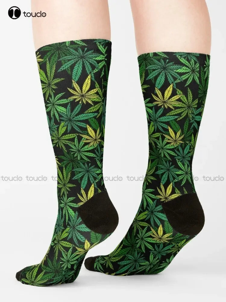 Cannabis Marijuana Leaves On Black Background Socks Workout Socks Women Personalized Custom Unisex Adult Teen Youth Socks