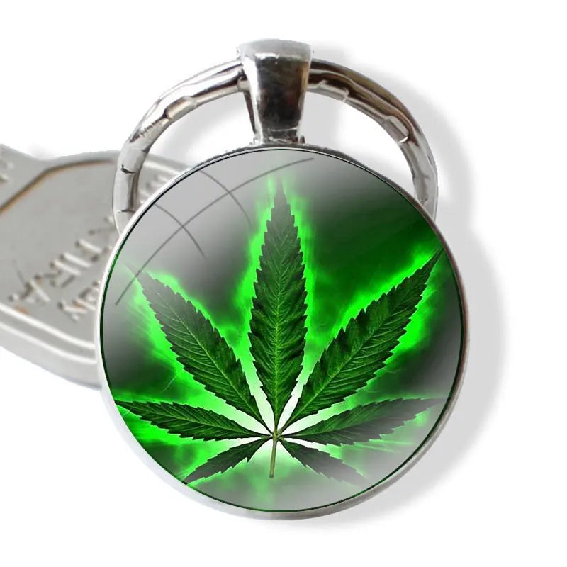 Keychain Handmade Glass Cabochon Key Ring Holder Pendant Key Chains Cannabis Weed Leaves