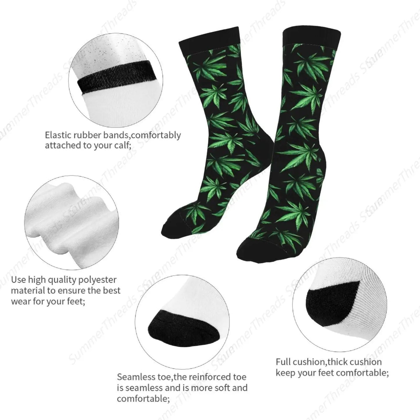 Cannabis Marijuanas Purple Black Casual Unisex Novelty Fun Crew Socks Fashion Comfortable Men And Women Crazy Dress Socks