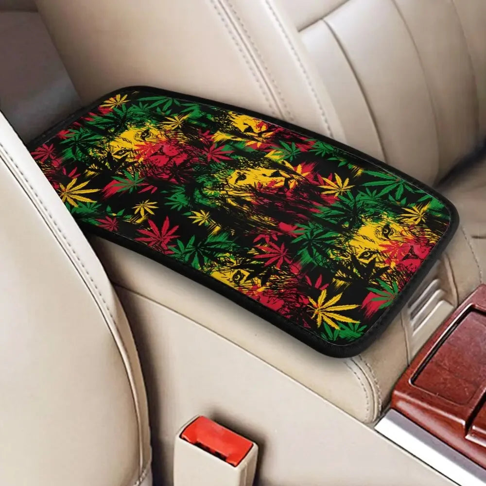 Car Arm Rest Cover Mat Lion Head Cannabis Leaves Rastaman Style Center Console Cover Pad Weed Leaf Auto Styling Accessories