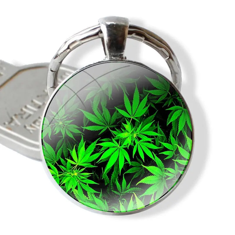 Keychain Handmade Glass Cabochon Key Ring Holder Pendant Key Chains Cannabis Weed Leaves