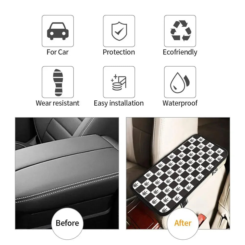 Leather Center Console Cover Pad Universal Cannabis Leaf Checked Car Armrest Cover Mat Marijuana Weed Automobiles Armrest Pad