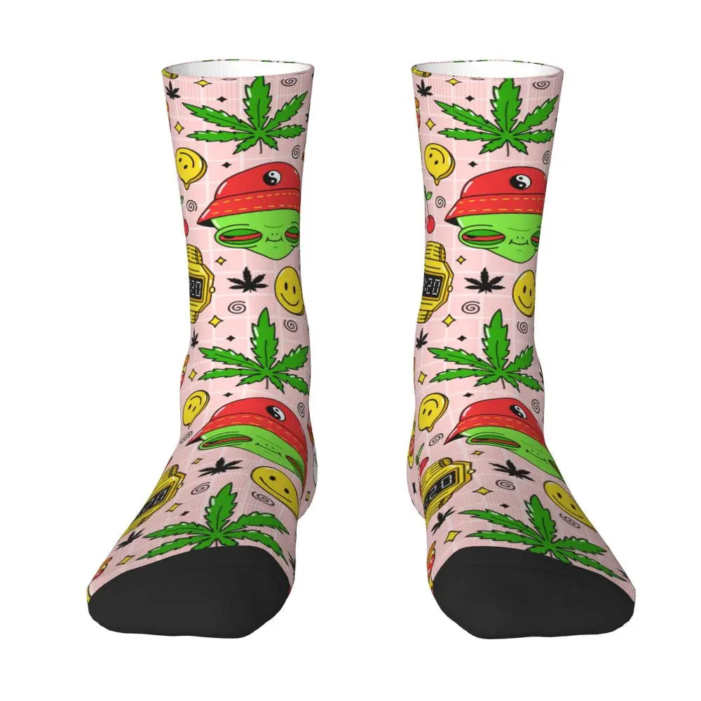 Hippie Alien Weed Marijuana Socks Cute Funny Happy Cannabis Leaves Aesthetic Socks Novelty Accessories Crew Socks