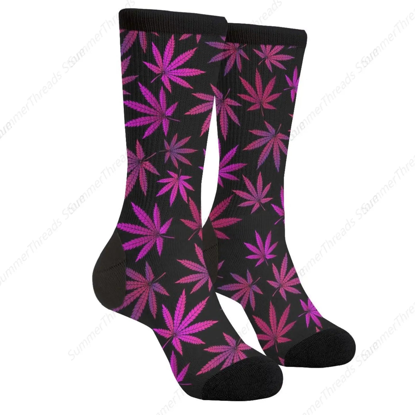 Cannabis Marijuanas Purple Black Casual Unisex Novelty Fun Crew Socks Fashion Comfortable Men And Women Crazy Dress Socks