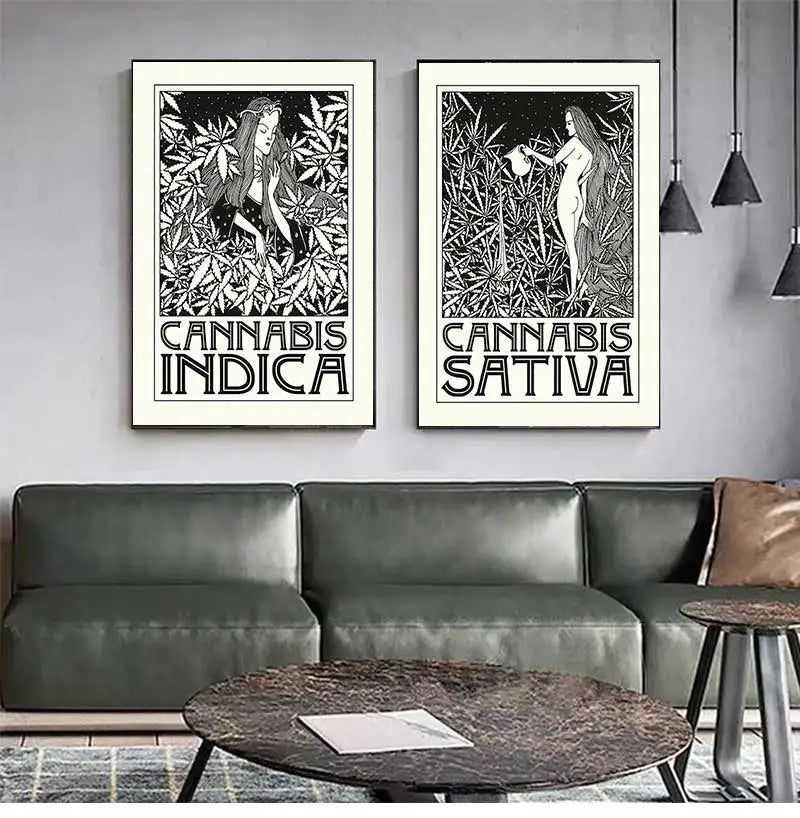 Black White Cannabis Posters and Prints Indica and Sativa Art Nouveau Canvas Painting Wall Pictures for Living Room Home Decor