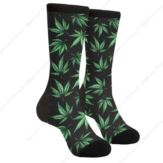 Cannabis Marijuanas Purple Black Casual Unisex Novelty Fun Crew Socks Fashion Comfortable Men And Women Crazy Dress Socks