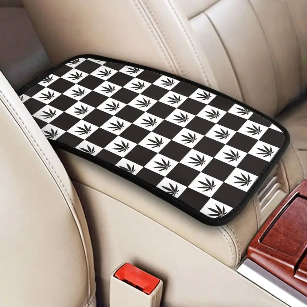 Leather Center Console Cover Pad Universal Cannabis Leaf Checked Car Armrest Cover Mat Marijuana Weed Automobiles Armrest Pad