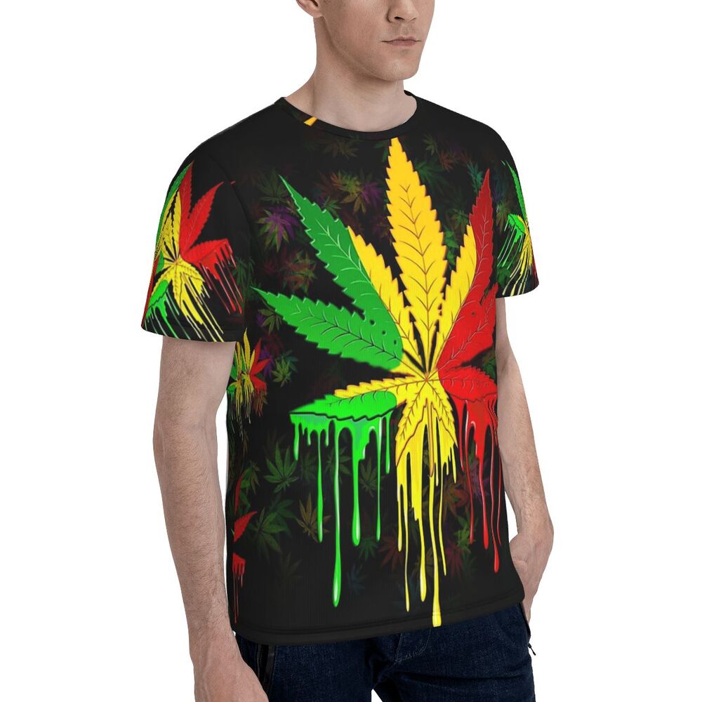 Marijuana Leaf Rasta Colors Dripping Paint Style Polyester TShirt Art Top Quality Creative Thin T Shirt Short Sleeve