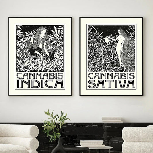 Indica and Sativa Prints Black and White Cannabis Poster Marijuana Canvas Painting Art Nouveau Aubrey Beardsley Decoration