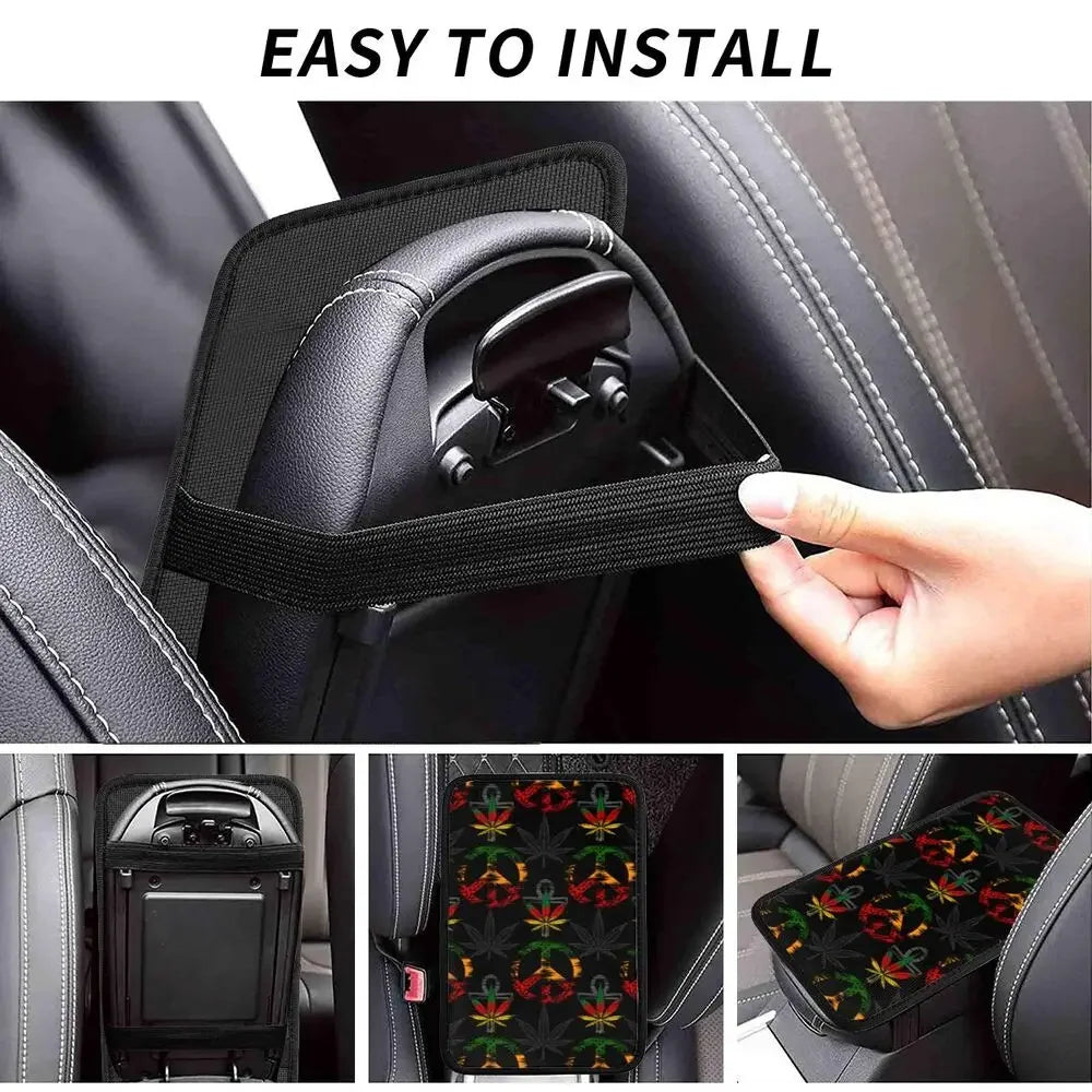 Center Console Cover Pad Car Interior Cushion Marijuana Cannabis Rastafarian Car Armrest Cover Mat Weed Leaf Storage Box Pad