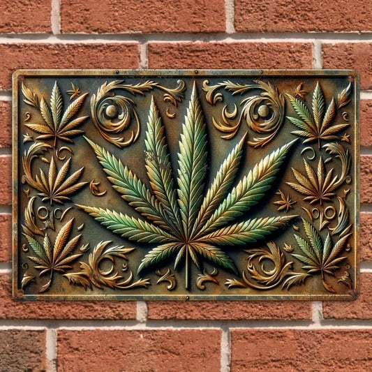 Vintage Cannabis Leaf Metal Sign, Weather Resistant Aluminum Wall Hanging Art for Home, Bar, Man Cave, Multipurpose Decor