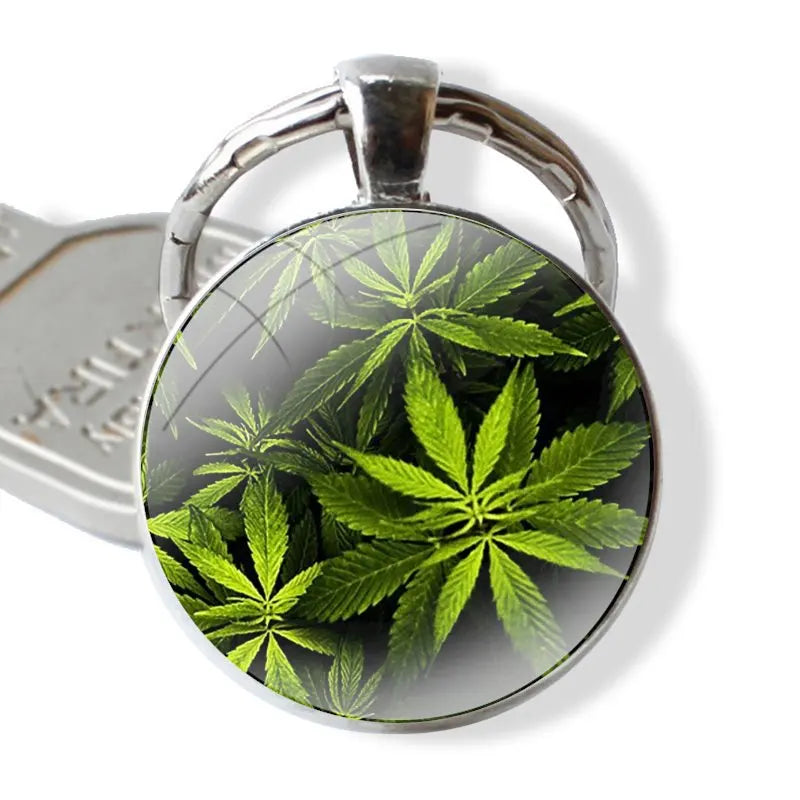 Keychain Handmade Glass Cabochon Key Ring Holder Pendant Key Chains Cannabis Weed Leaves