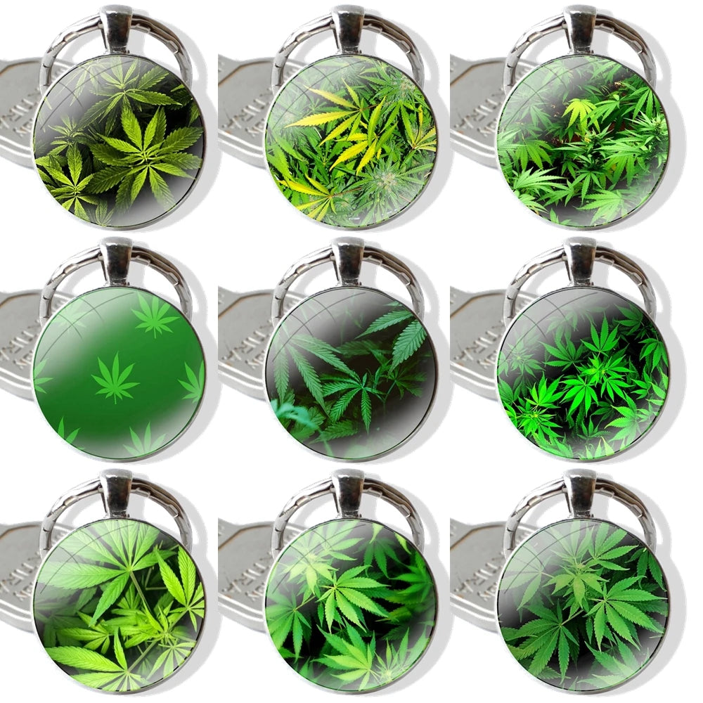 Keychain Handmade Glass Cabochon Key Ring Holder Pendant Key Chains Cannabis Weed Leaves