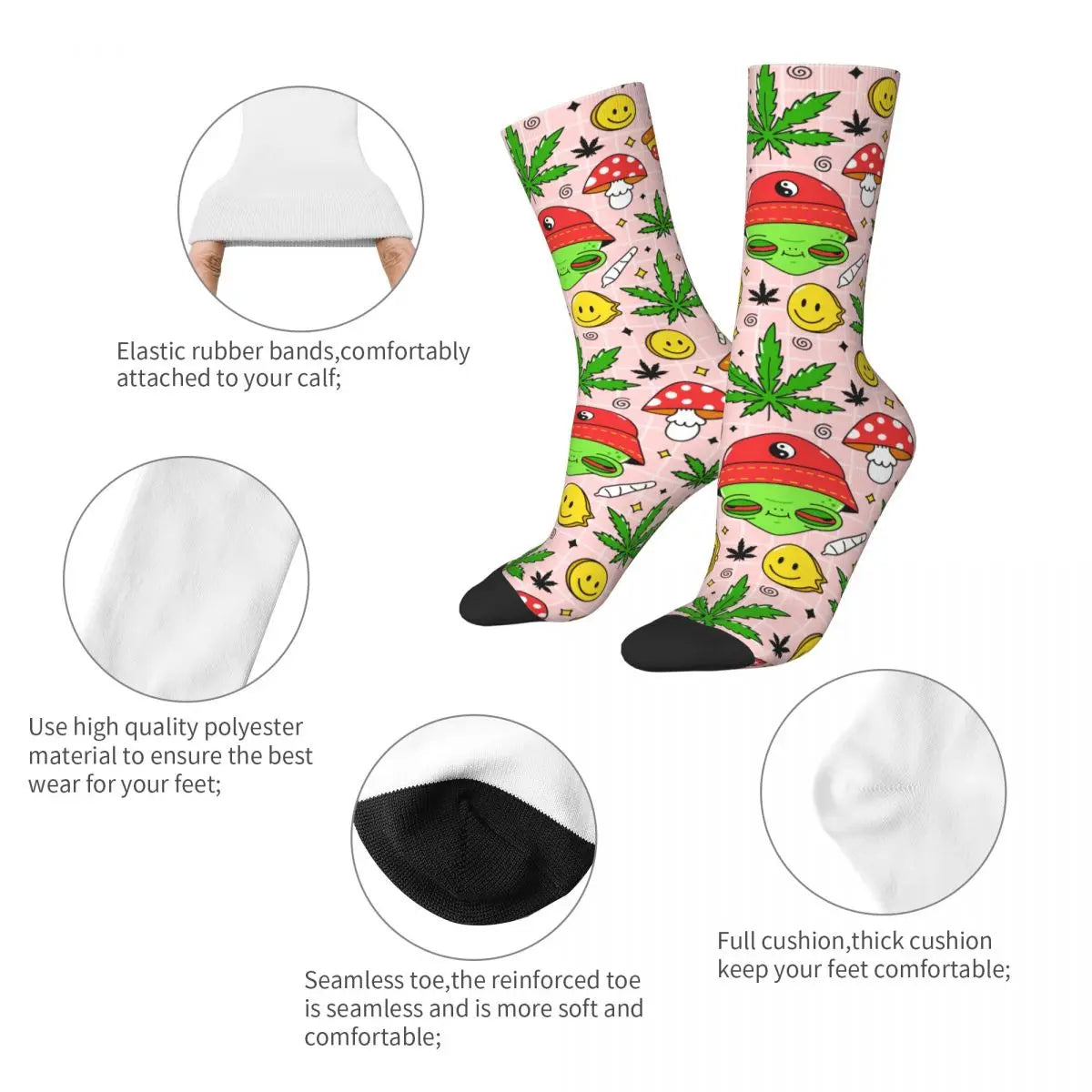 Hippie Alien Weed Marijuana Socks Cute Funny Happy Cannabis Leaves Aesthetic Socks Novelty Accessories Crew Socks